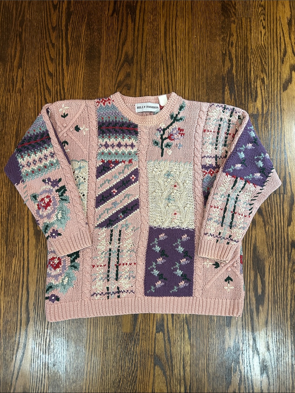 Hilly Fashion Women's Pink Patchwork Knit Grandma Sweater